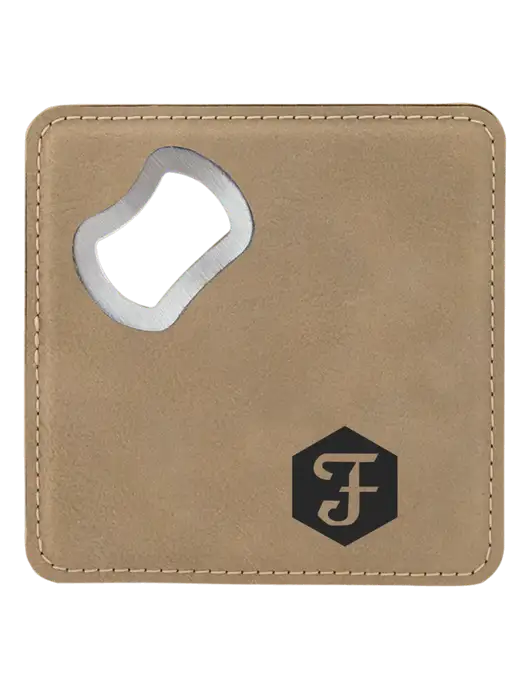 Tan Leatherette Bottle Opener Coaster w/Fidelity Bank Logo