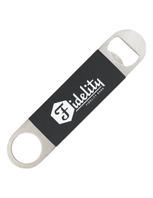 Black Bottle Opener with Silicone Grip w/Fidelity Bank Logo