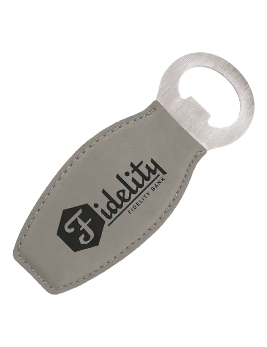 Grey Leatherette Bottle Opener with Magnet w/Fidelity Bank Logo