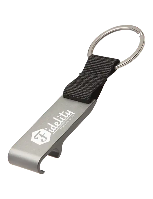 Gunmetal Bottle Opener & Key Ring w/Fidelity Bank Logo