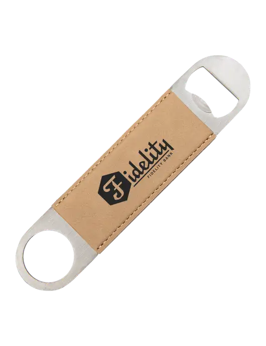 Tan Leatherette Bottle Opener w/Fidelity Bank Logo