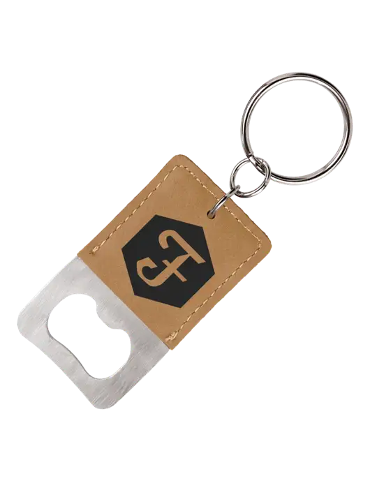 Tan Leatherette Rectangle Bottle Opener Keychain w/Fidelity Bank Logo