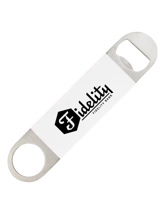 White Bottle Opener with Silicone Grip w/Fidelity Bank Logo