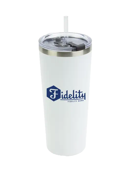 Brighton White 20 oz Insulated Tumbler & Straw w/Fidelity Bank Logo