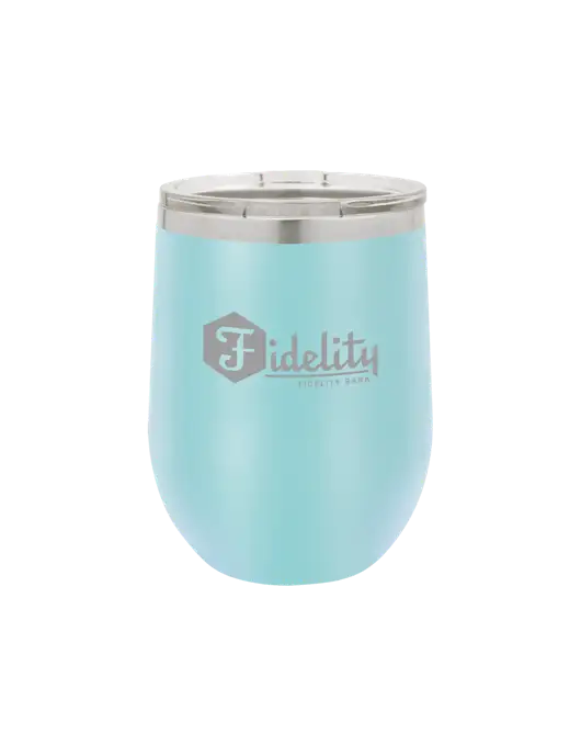Polar Camel 12 oz Powder Coated Light Blue Vacuum Insulated Stemless Wine Tumbler w/Fidelity Bank Logo