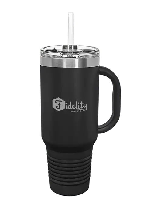 Polar Camel 40 oz. Powder Coated Vacuum Insulated Black Travel Mug with Straw w/Fidelity Bank Logo