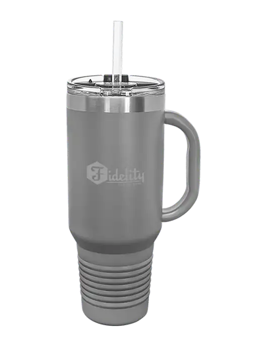Polar Camel 40 oz. Powder Coated Vacuum Insulated Grey Travel Mug with Straw w/Fidelity Bank Logo
