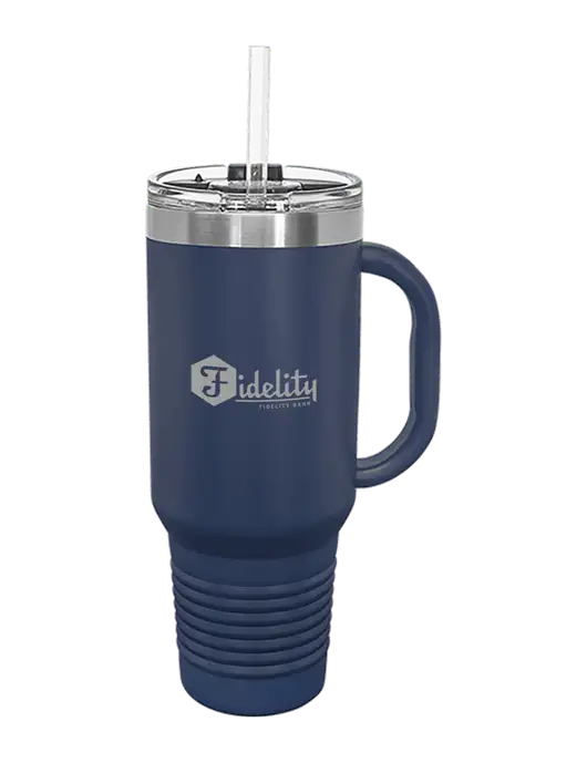 Polar Camel 40 oz. Powder Coated Vacuum Insulated Navy Travel Mug with Straw w/Fidelity Bank Logo