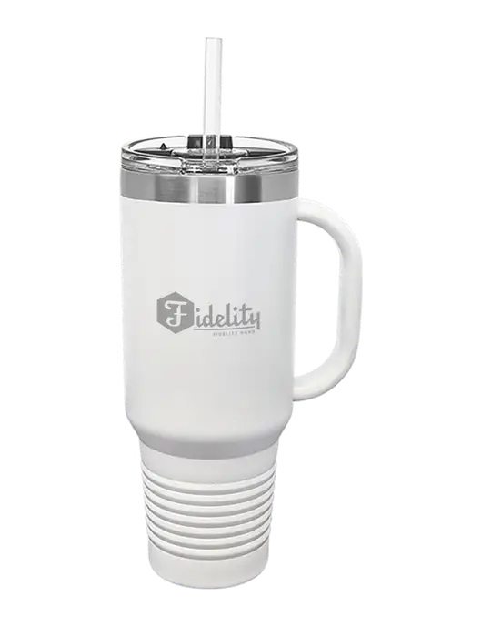 Polar Camel 40 oz. Powder Coated Vacuum Insulated White Travel Mug with Straw w/Fidelity Bank Logo