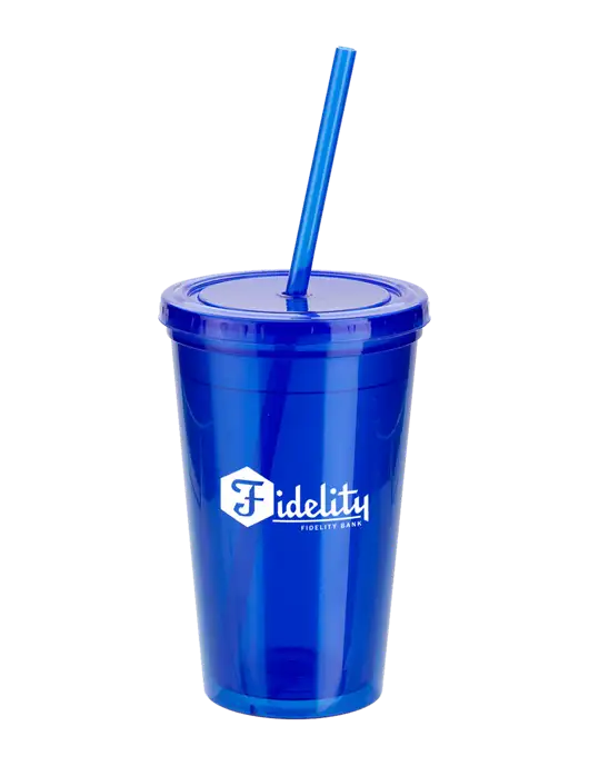 Sorrento Blue 16 oz Tumbler with Lid & Straw w/Fidelity Bank Logo