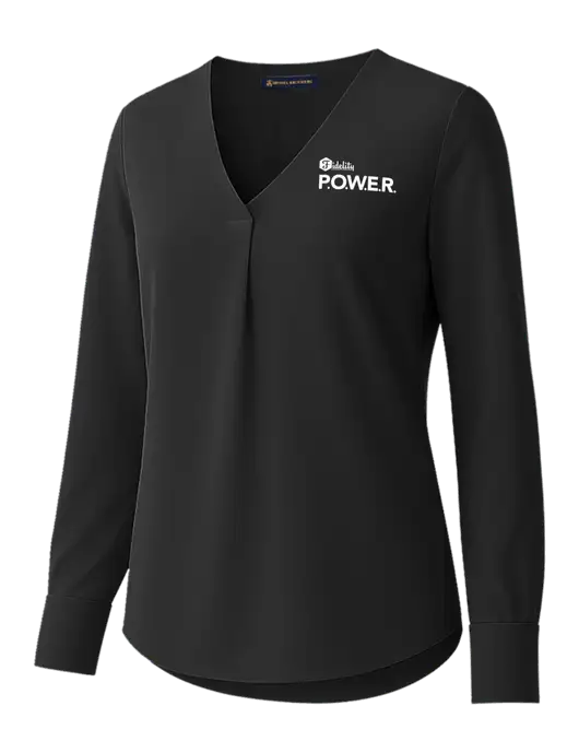 Brooks Brothers Womens Black Open-Neck Satin Blouse  w/Power Logo