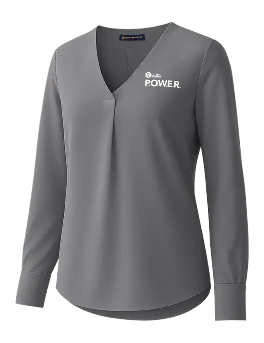 Brooks Brothers Womens Medium Grey Open-Neck Satin Blouse  w/Power Logo