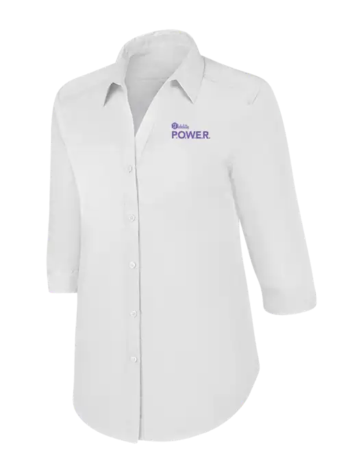 Womens White 3/4 Sleeve Carefree Poplin Shirt w/Power Logo