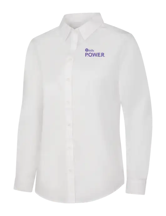 Womens White Long Sleeve Carefree Poplin Shirt w/Power Logo