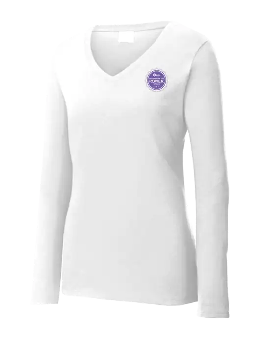 Womens  V-Neck Ring Spun White 4.5 oz Long Sleeve T-Shirt w/Power Logo